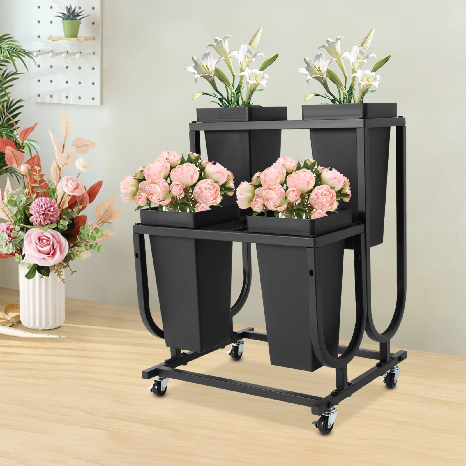 Espositore per fiori a 4 secchi a doppio livello, robusta struttura in metallo con ruote e freni lisci, design moderno bianco/nero per la casa