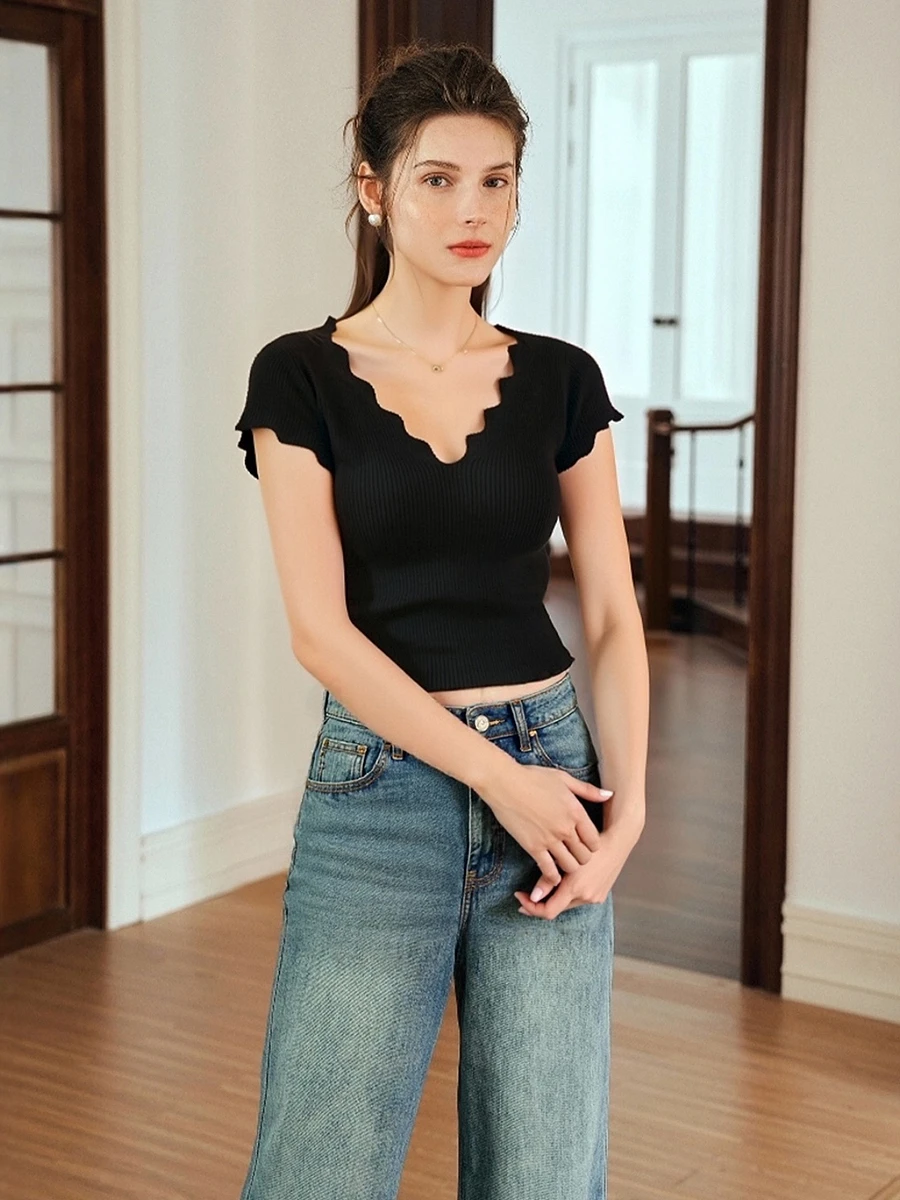 

OLrain женские летние черные вязаные топы женский трикотаж 2025 пуловер с короткими рукавами вязаные женские джемперы женская одежда O57XZ98988