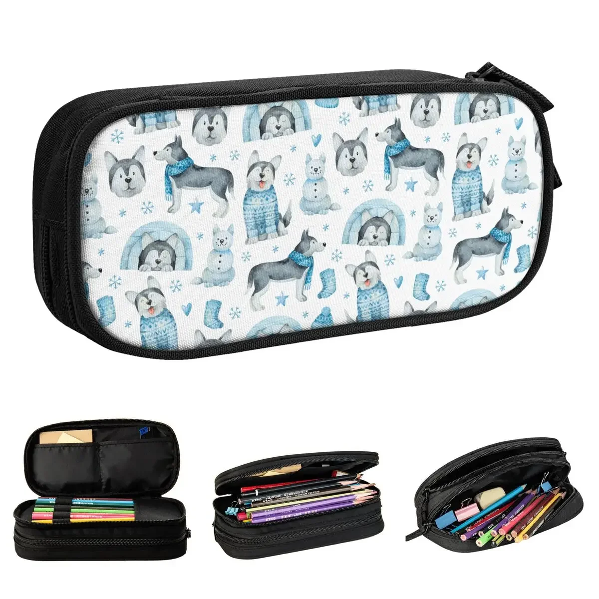 

Watercolor Pattern With Dogs Husky In Winter Pencil Case Classic Cute Dog Pen Bag Big Capacity School Supplies Pencilcases