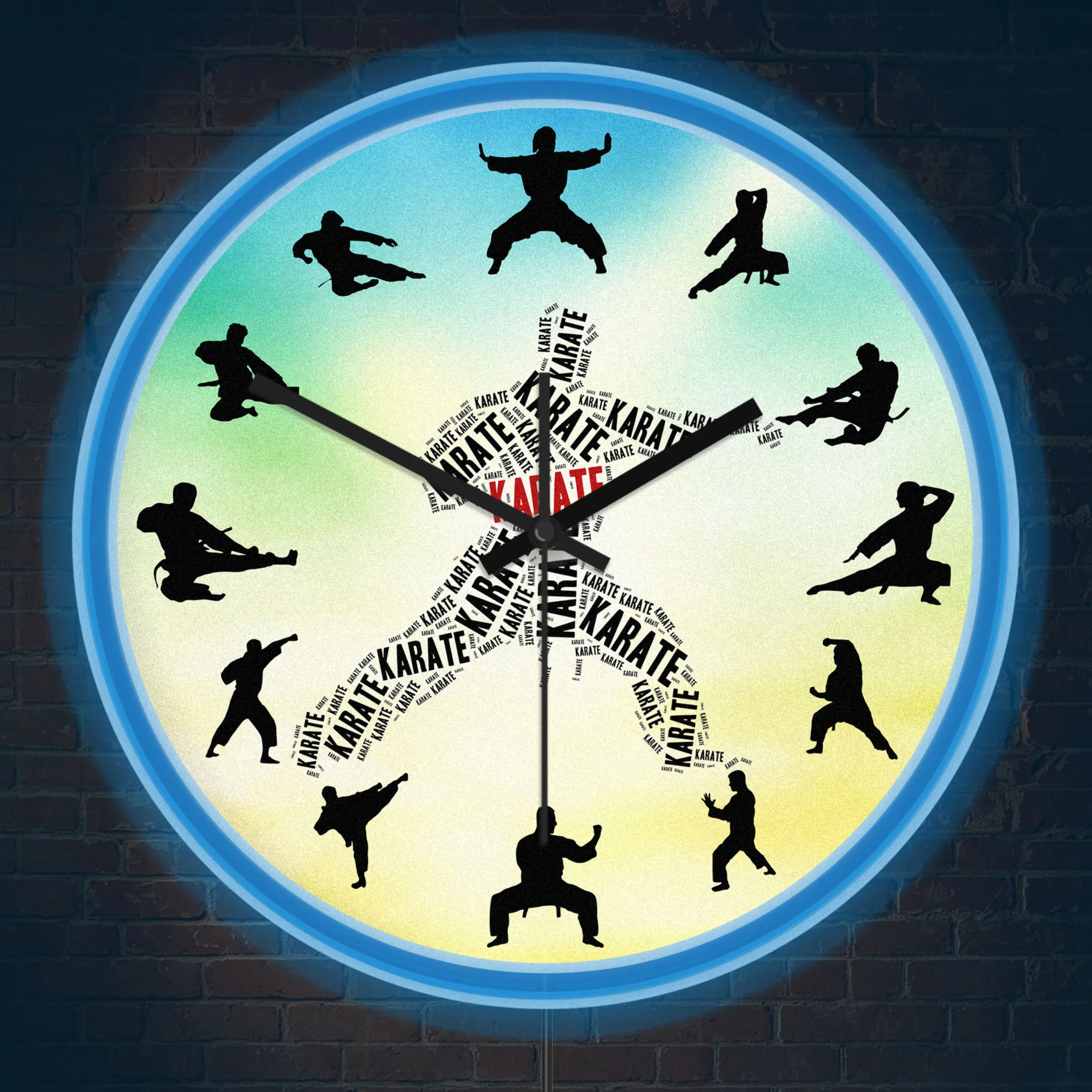 Karate Pose Martial Arts Silhouette Neon Wall Clock For Dojo Training Room Karateka Illuminated Sign LED Light Up Wall Clock