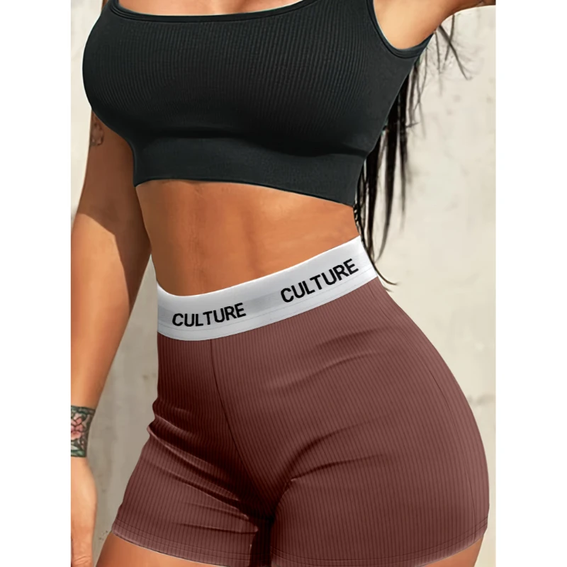 Ladies Shorts Street Fitness Style Solid Colour Shorts Simple Letters Webbing High Waisted Shaping Sports Shorts