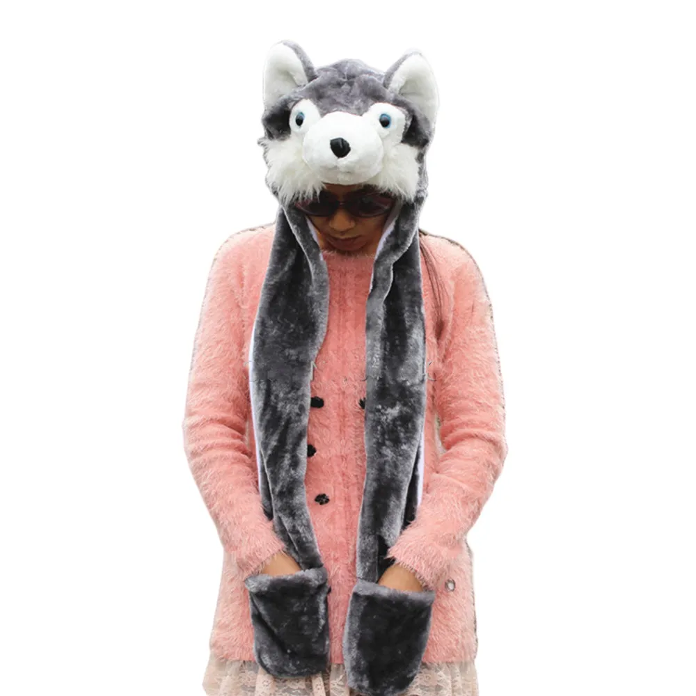 

Winter Warm Hat Scarf Glove Grey Wolf Animal Cosplay Cap