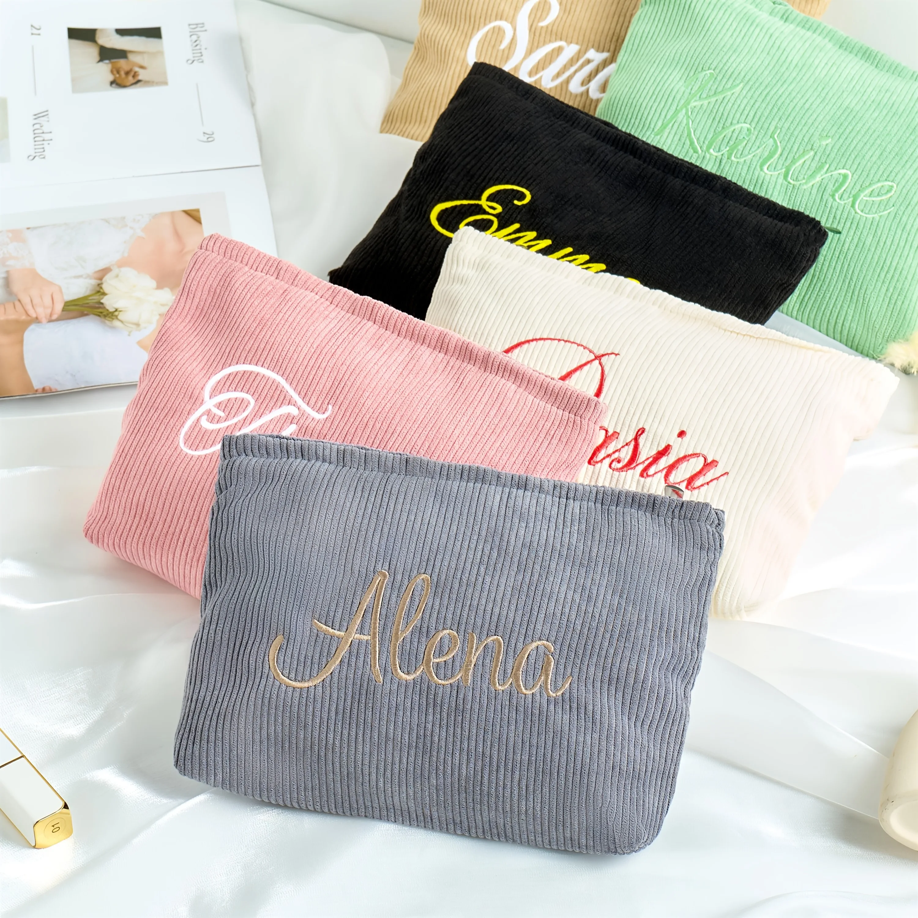 Custom Embroidered Name Corduroy Toiletry Bag, Multi-Color Large Capacity Makeup Pouch, Personalized for Birthday And Wedding