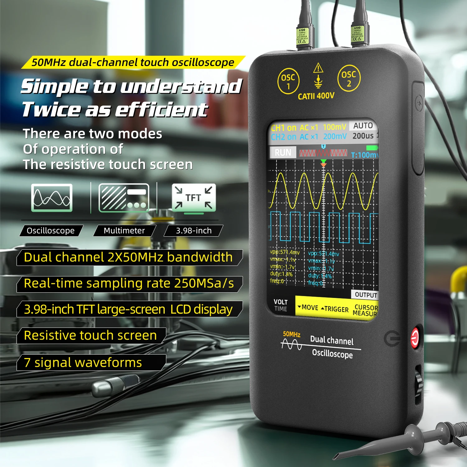 

NEW Touch Screen Digital Oscilloscope+Signal Generator Dual Channel Bandwidth :50Mhz Sampling rate :250MSa/s 3.98 inch TFT