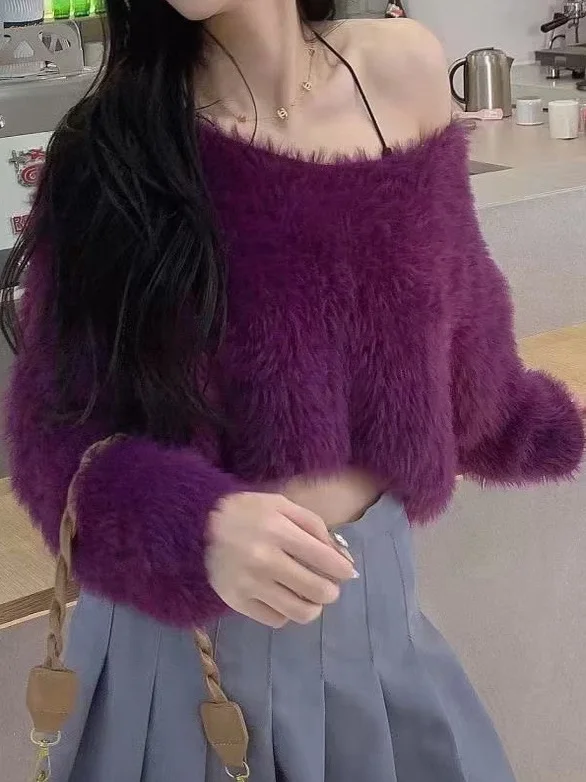 

Sexy Purple V-Ne-oulder Knitwear Faux Fur Loose Fit Long Sve ort Length Pure Color Spring Autumn Women's Top