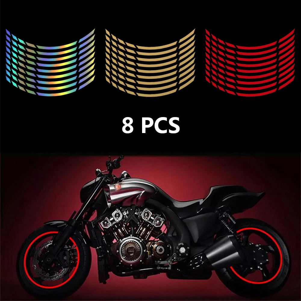 8 Pcs Motorcycle Wheel Stickers and Decals 17/18 Inch Reflective Motor Rim Stripe Vinyl Decal