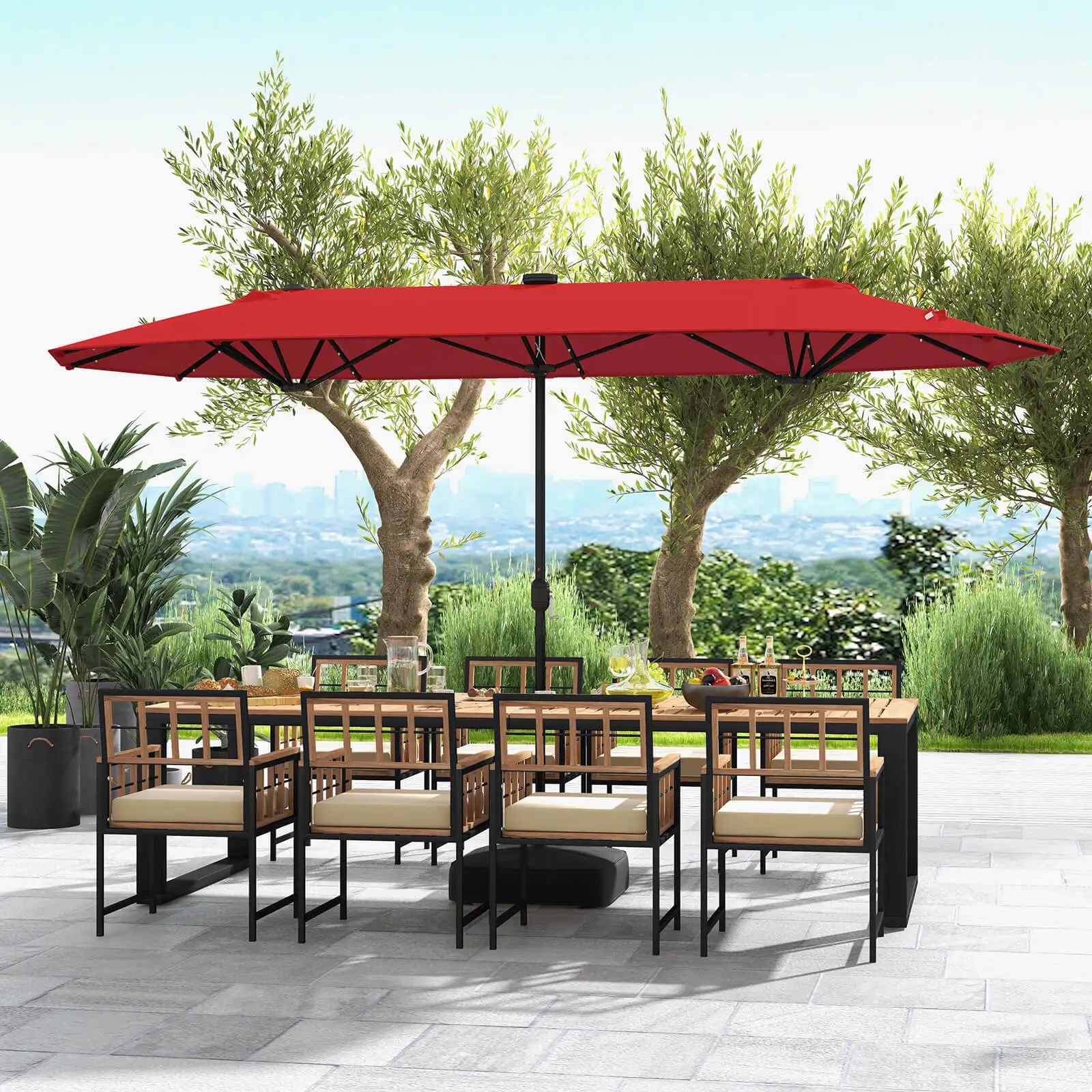 13FT Double-sided Patio Umbrella w/ Solar Lights Crank Handle Umbrella Base