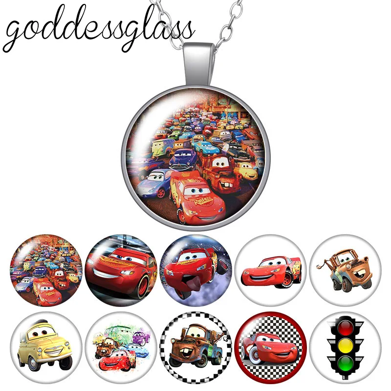 Disney Pixar McQueen Mater Jackson Matt Round Photo Glass cabochon silver plated pendant necklace jewelry Gift