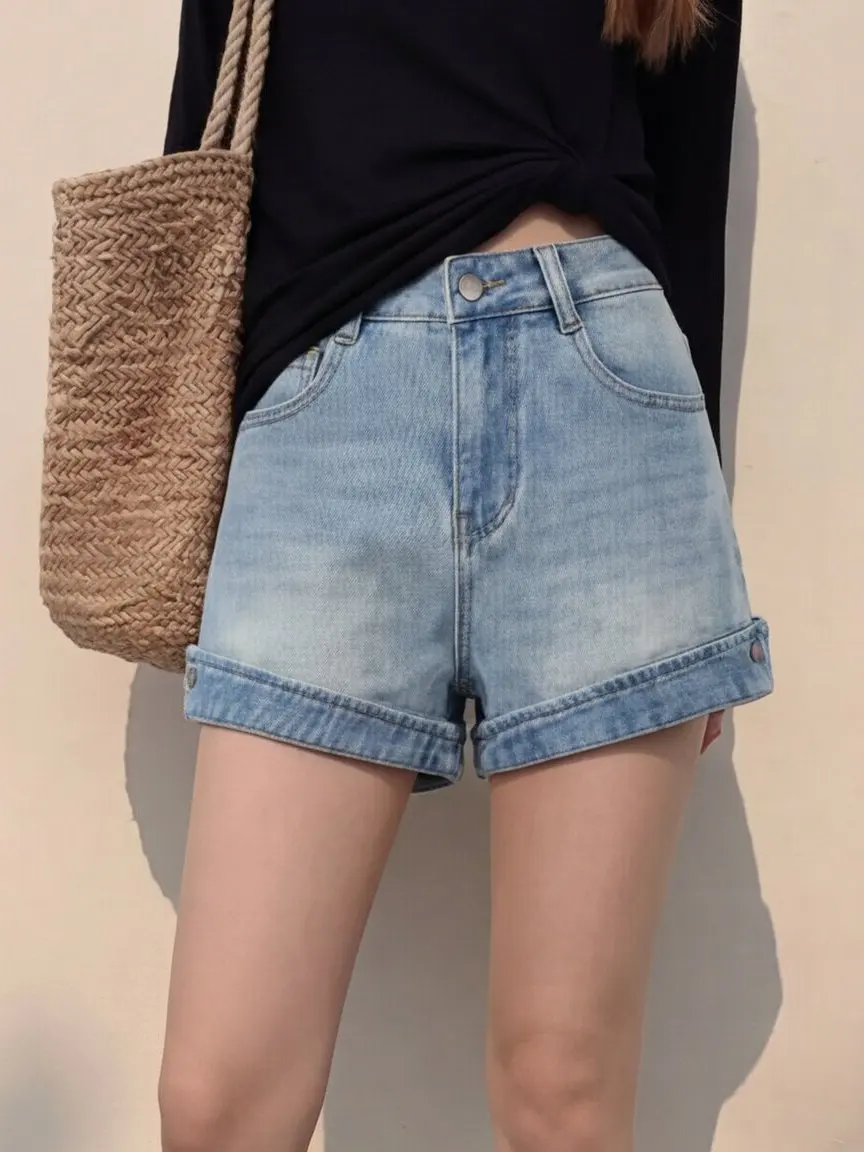 High Waist Washed Blue Jeans Shorts Women's Summer New Style Loose Slimming Versatile Short Leggings Cuffed Wide Leg Pants