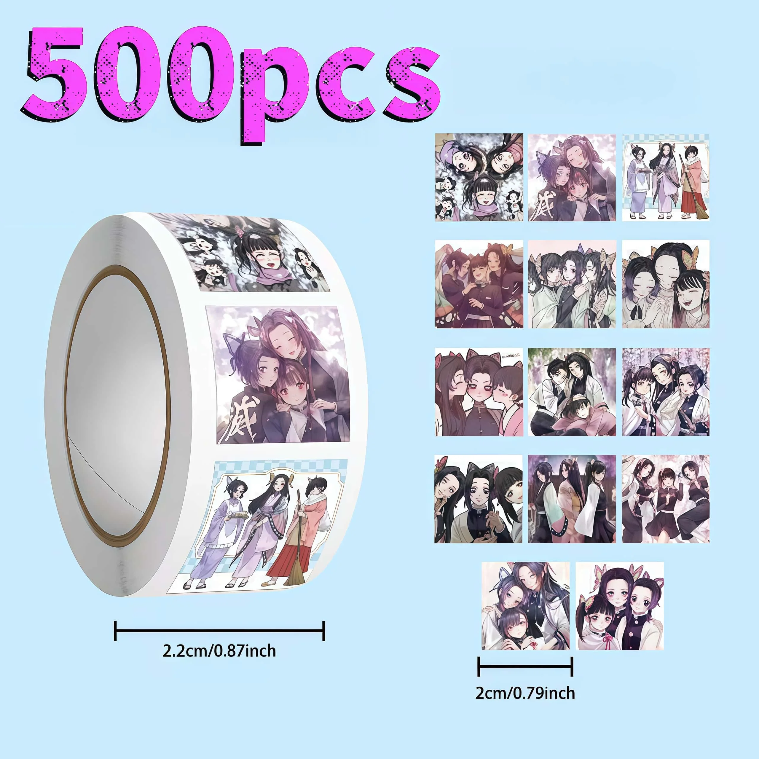 500Pcs Demon Slayer Butterfly Sisters Sticker Roll, Shinobu Kanae Kanawo Anime Labels for Packaging Journal Fan Decor