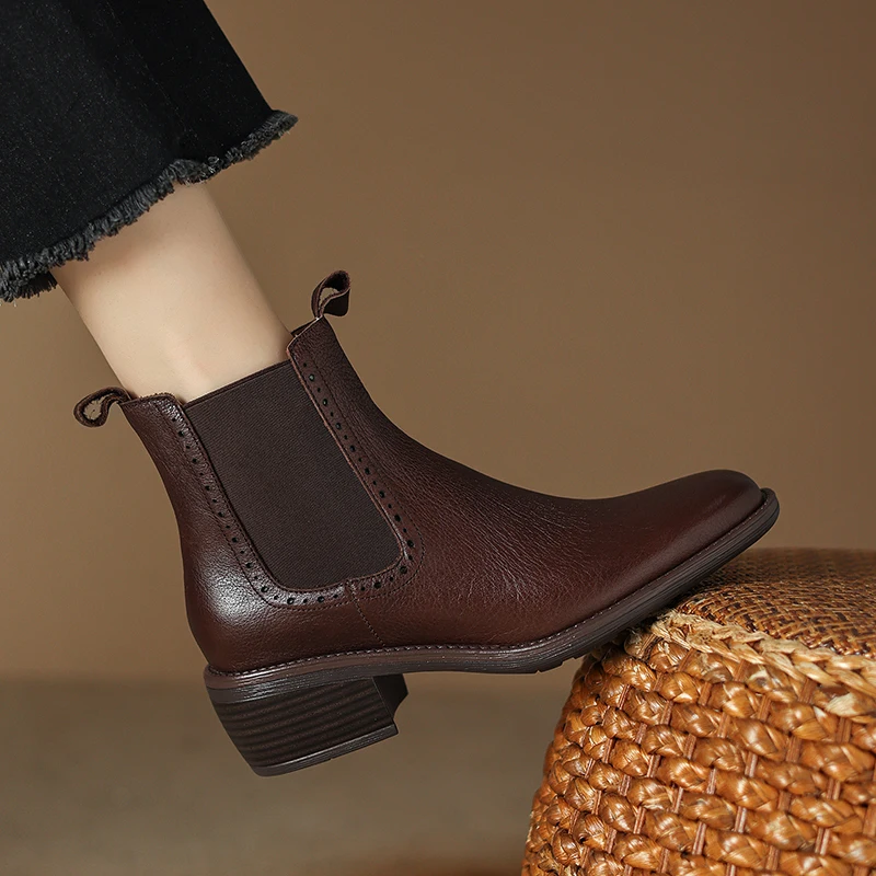 2024 New Autumn/Winter Women Boots Round Toe Chunky Heel Ankle Boots Women Genuine Leather Shoes for Women Concise Chelsea Boots