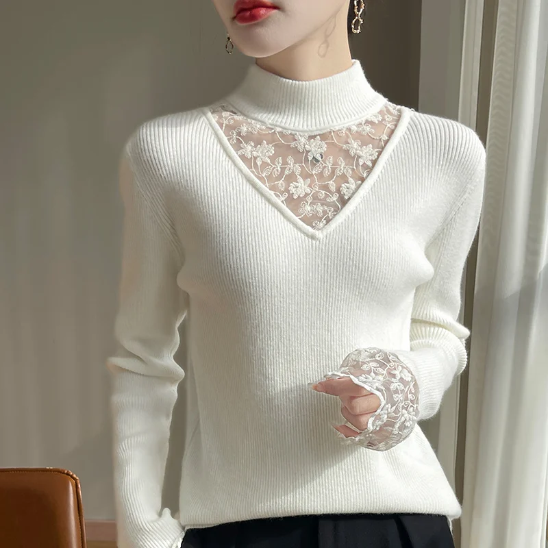 

Women's Semi High Neck Lace Base Knitted Sweater Autumn Winter New Lady Close Fitting Comfort Fashionable and Versatile Pullover