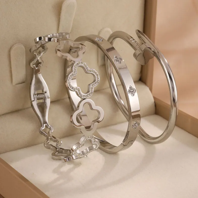 ZAKOL 1/3 قطع أنيقة جديدة أربع أوراق البرسيم الزركون الفولاذ المقاوم للصدأ سوار مجموعة للنساء الفاخرة عطلة حزب مجوهرات هدية