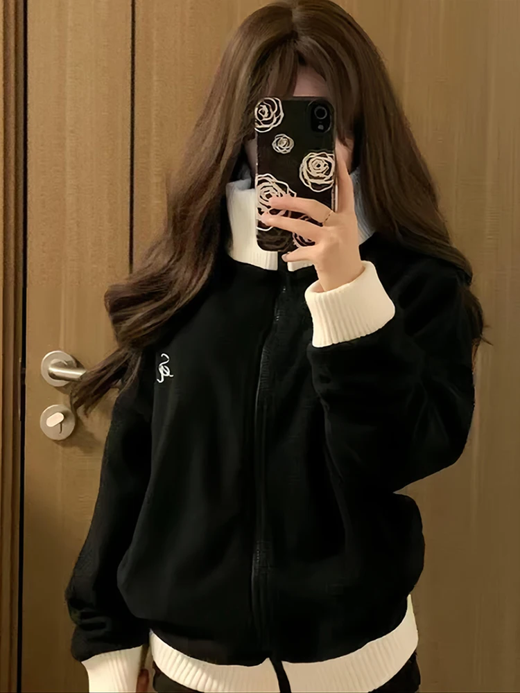 

Thiened Fce Color Blo Stand Collar Open Cardigan Jaet Women's Autumn Winter Loose Versatile Baseball Sle Outerwear