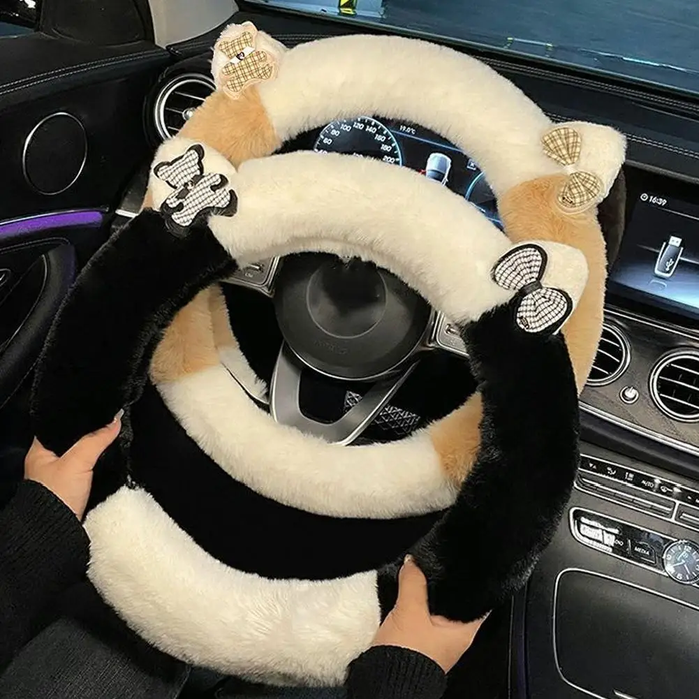 Car Plush Steering Wheel Cover Cute Cartoon Winter Steering Decoration Warm Plush Covers Slip Steering Accessories Anti N1F7
