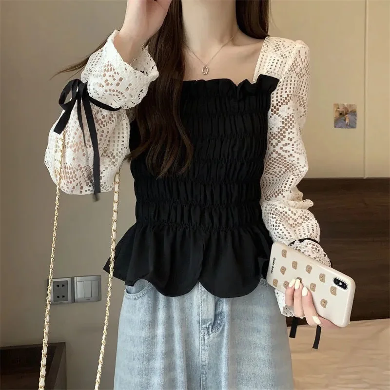 Lace Patchwork T-Shirt Women Elegant Sweet Fashion Hollow Out Chic Blouse Bow Pleated Spring Fall Pullover Pretty Lady Tops