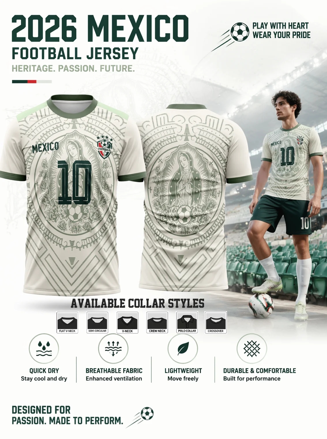 Mexico themed football jersey, full totem print front & back, chest badge, moisture‑wicking fabric, athletic loose fit
