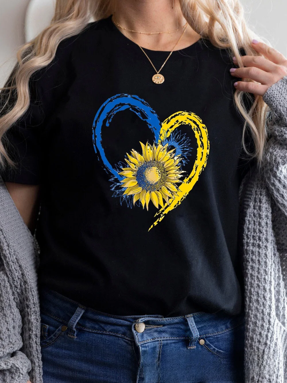 Heareat – T-shirt imprimé bleu jaune pour femme, haut Faion Y2K Sle ort Sve pour fille, pour la saison d'automne, autres matériaux 00%