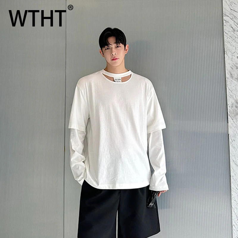 

WTHT Trendy Men's Spliced Fake Two-pieve Hollow Out T-shirts Fashion 2025 Summer Long Sleeves Round Neck Tops Male 2A1383