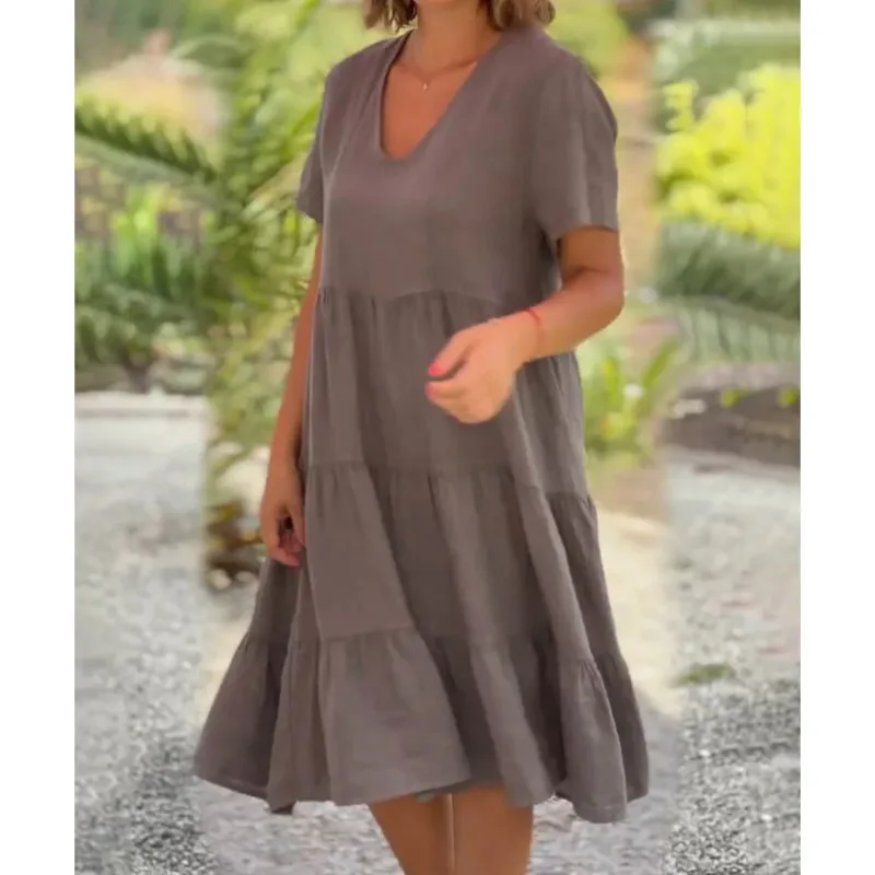 2024 Casual Loose Cotton And Linen Vestido 2024 Summer New Women\'s Fresh And Sweet V-neck Solid Large Swing Casual Dresses 5XL