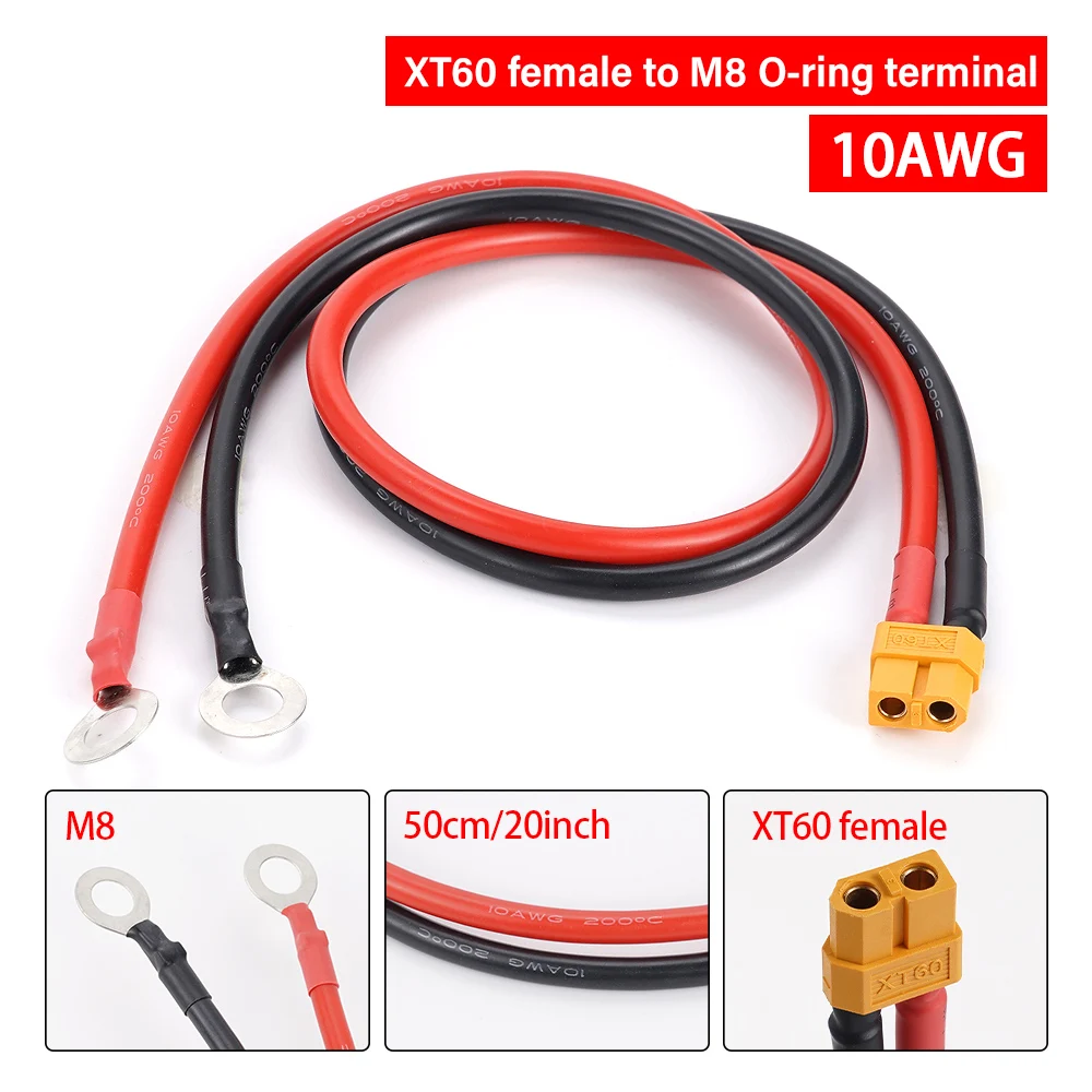 10awg 50cm xt60 cabeça fêmea virar m8 o terminal fio de cobre estanhado de silicone para carro e navio bateria cabo de conexão do painel solar