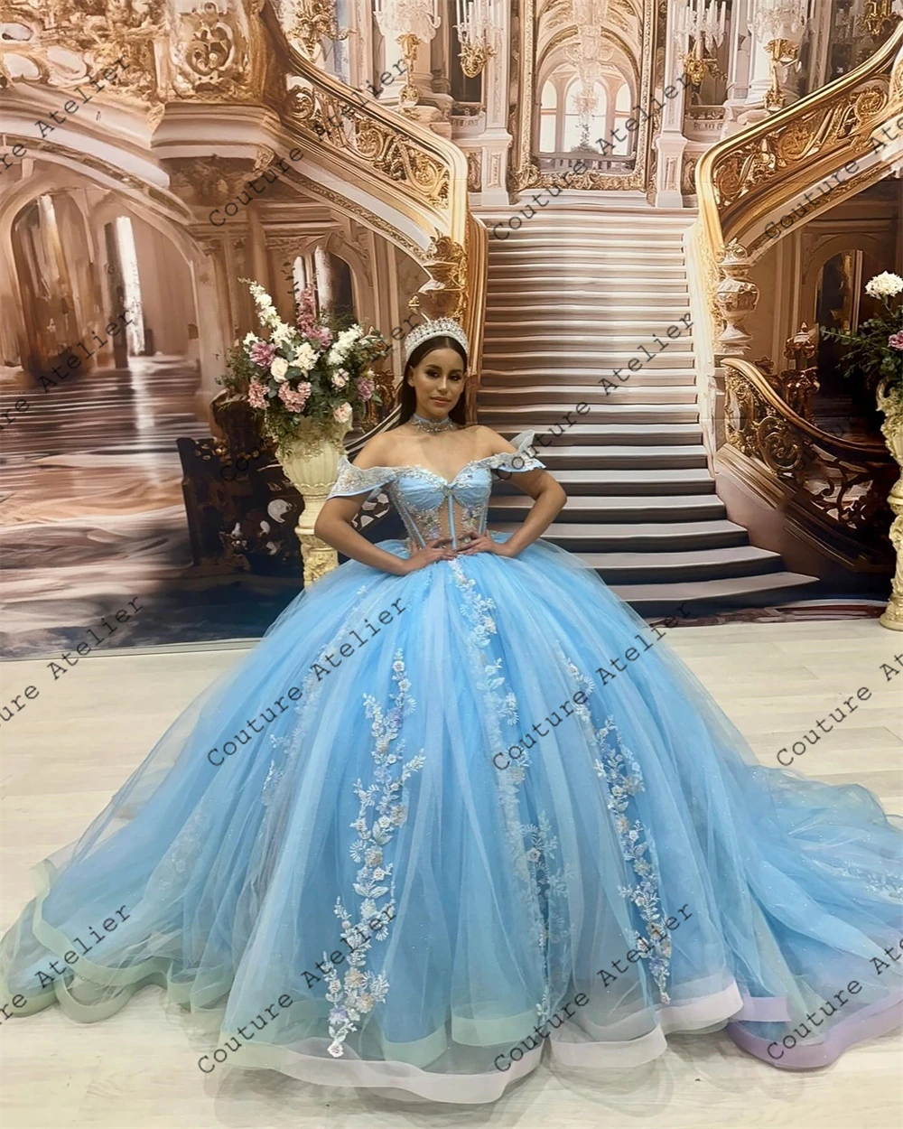 Vestido De quinceañera con hombros descubiertos, corsé transparente, Apliques De encaje azul, Cenicienta dulce, 15 y 16 años, 2024