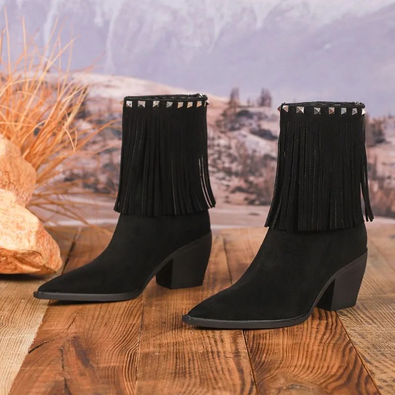 Women's Boots Retro Suede Casual Boot Fashion Fringed Designer Boots Temperament Pointed Thick Heeled Ankle Boots Botas Feminina