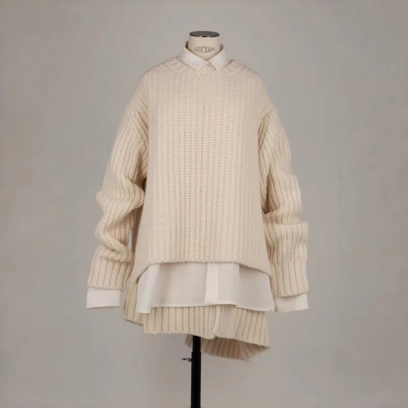 2025 Autumn Winter New Patchwork Color Block Crew Neck Sweater Unisex Loose Casual Long Sleeve Top