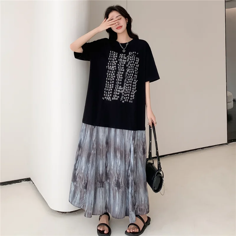 

2024 Summer Women's Dresses Loose Plus Size Print T-Shirt Dress Fake Two Piece Patchwork Female Robe Clothing Lady VestidoKE6716