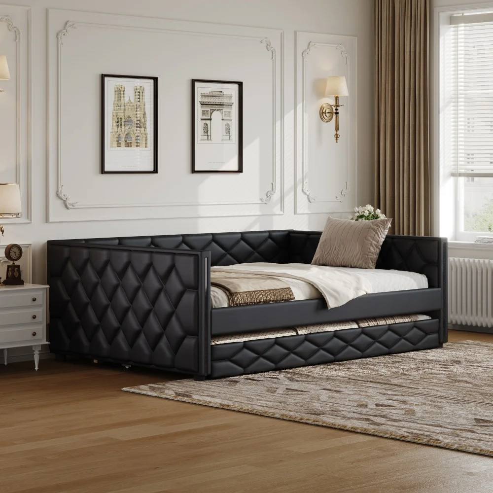 Full XL Size Upholstered Daybed Features Two Armrests, Upholstered in PU Leather ,with Trundle and LED,for Living Room