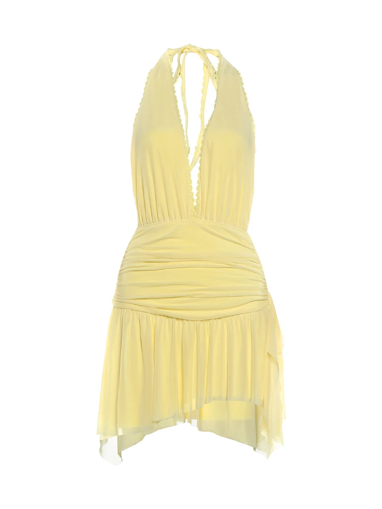 Sisterlinda Neckholder-Spitzenkleid für Damen, Bandage, tiefer V-Ausschnitt, rückenfrei, ärmellos, Falten, unregelmäßiger Saum, modisch, Streetwear, Sommer, figurbetont – Detail 2