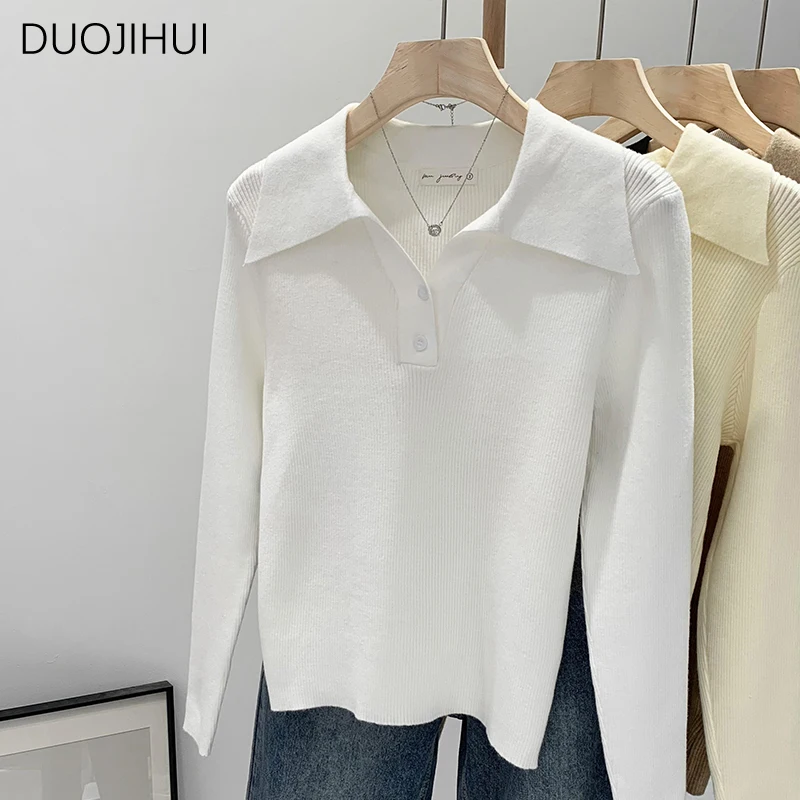 DUOJIHUI-Pulôveres básicos de manga comprida em polo feminino, pulôveres de malha chique feminino, moda casual e monocromática, novo, outono