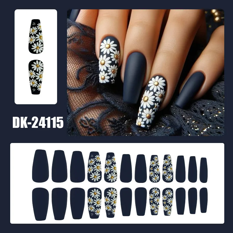 24 Pcs Navy Embossed Curved Press on Nails for Girls 3D Daisy Designs Fake Nails for Beautiful Gluing Long Ballet Nail Tips 2025