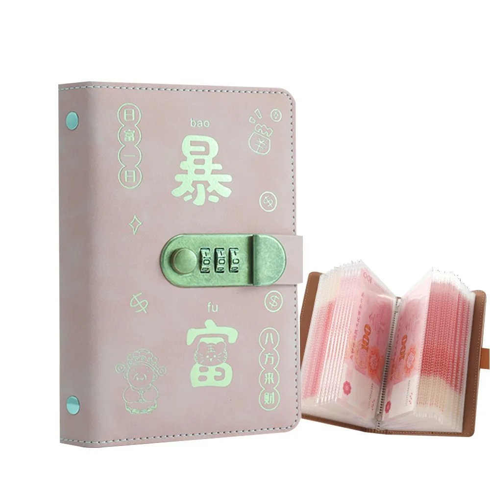 

With Password Lock 100 Envelopes Money Saving Challenge Get Rich PU Money Collection Book Portable Reusable Savings Binder