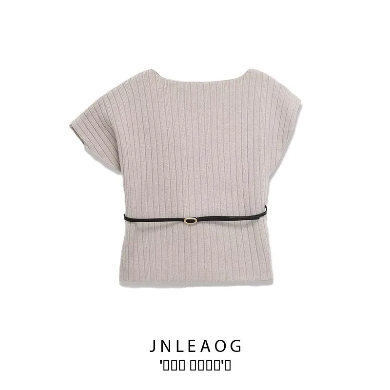

Faionable Asymmetric Waist Belt Top Women's Knitted Sweater Autumn New Sle JNLEAOG Sli Versatile Belted Top