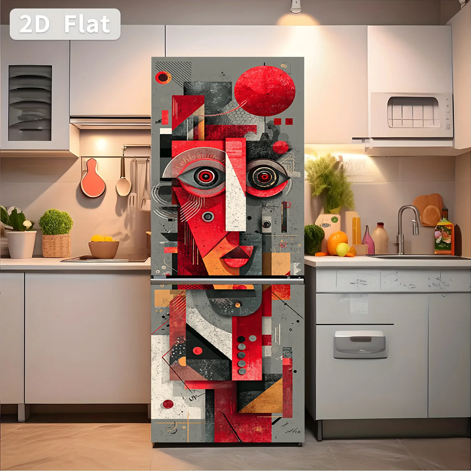 [2D Flat Printing] Refrigerator Sticker Abstract Geometric Face Theme Design Wall Decoration Self-Adhesive Suitable for Cabine
