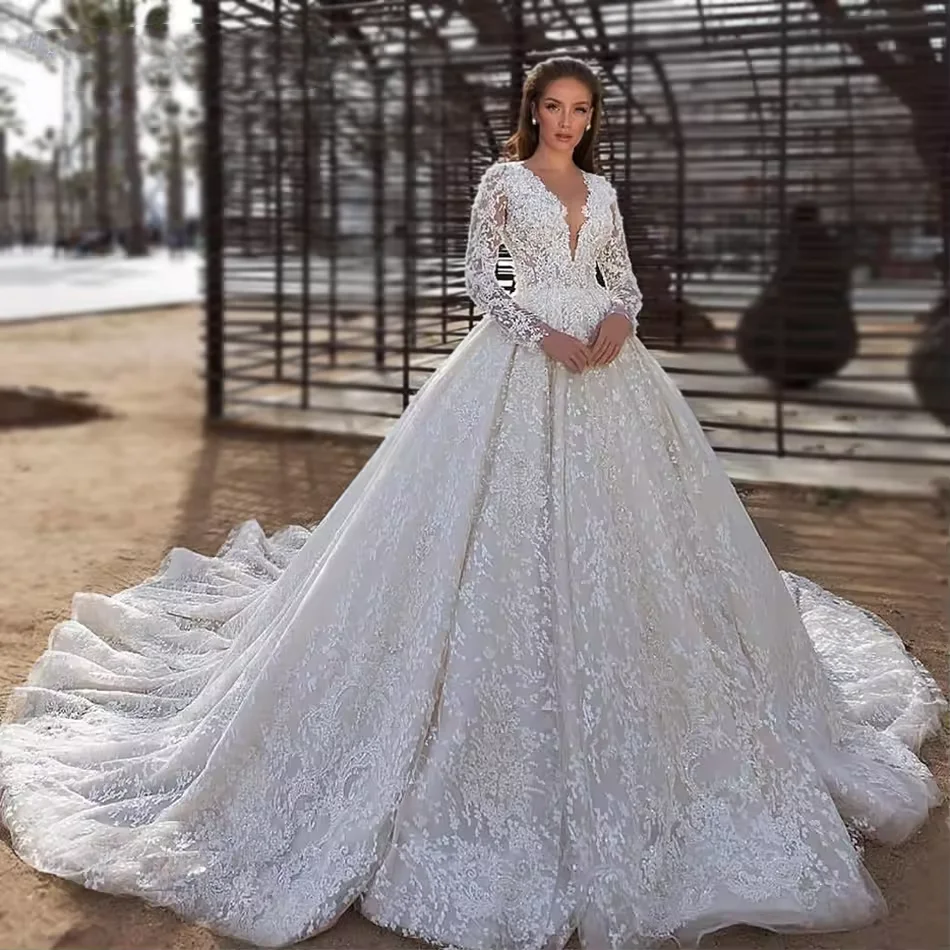 

Customized Elegant V-Neck Wedding Dresses Long Sleeve For Women Beaded Lace Appliques Princess Wedding Gown Vestidos De Novia