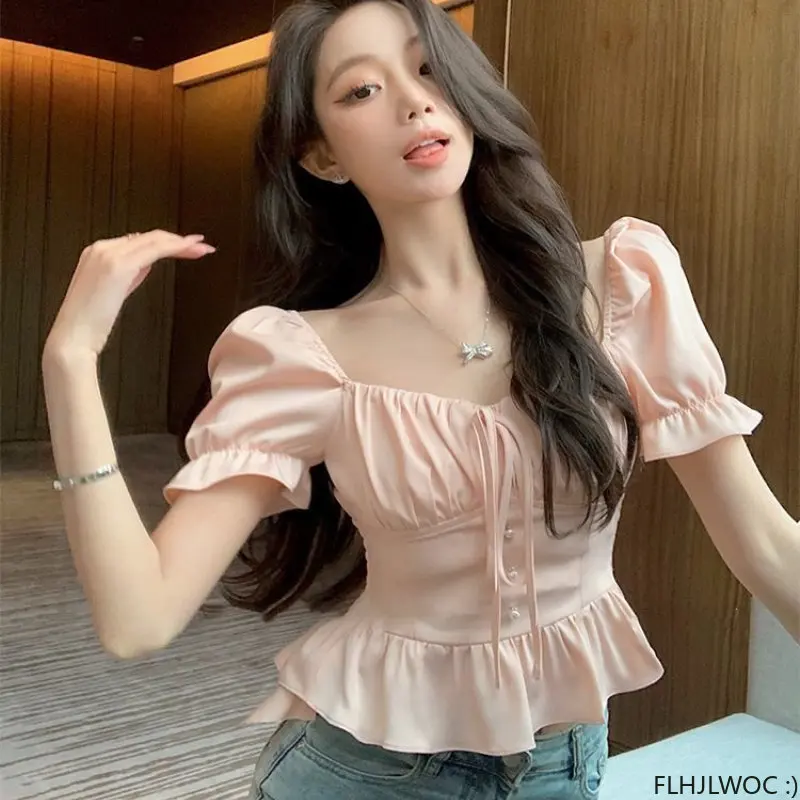 Chic Korea Off Shoulder Crop Tops Blusas Women 2023 Summer Solid Bow Tie Slim Waist A Line Belly Peplum Short Shirts Blouses