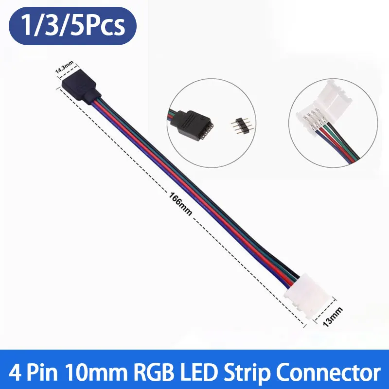 

5050 LED RGB Strip Light Connector 4 Pin Conductor 10mm Strip to Controller Jumper Solderless Clip On Pigtail Power Adapter