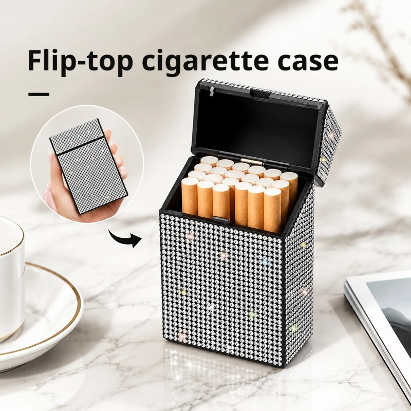 Rhinestone Cigarette Case, Flip Cover Cigarette Box, Moisture-Proof Cigarette Holder, Portable Pocket Smoking Case, Metal Cigarette Case view 5