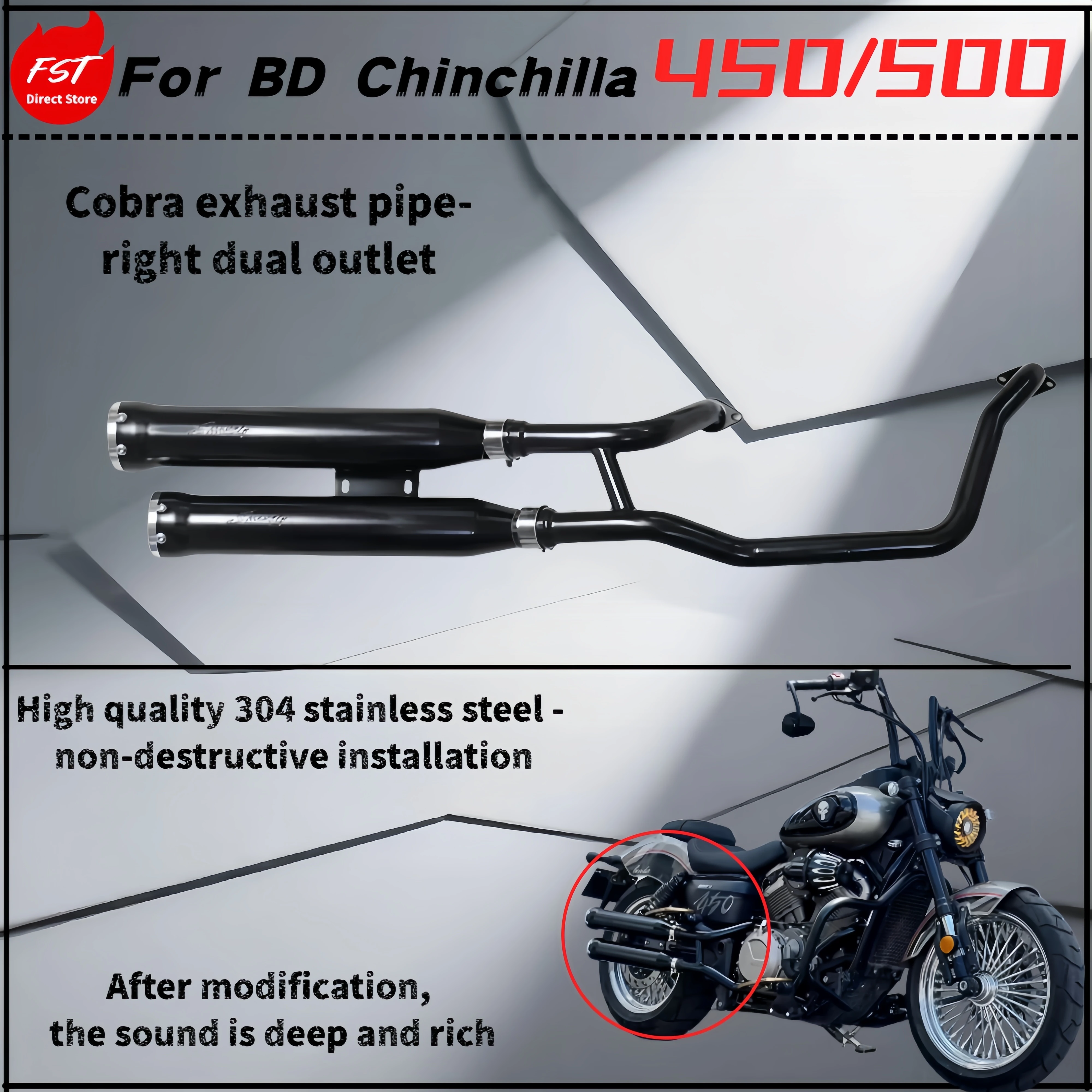 

For Benda Chinchilla 450 500 - Modified Cobra exhaust pipe - The sound is rich, beautiful and powerful - 304 stainless steel