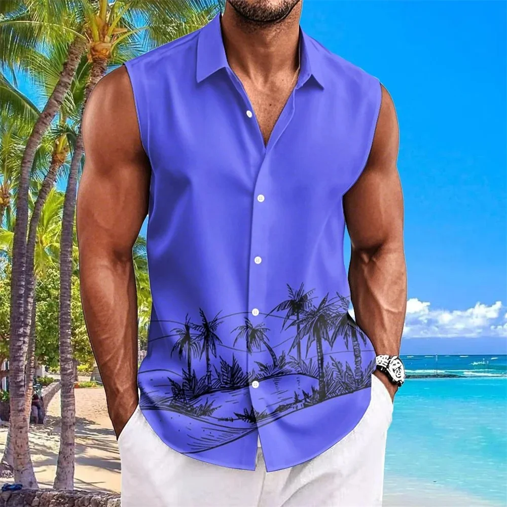 Hawaiian Shirts For Men Coconut Tree Print Simple Fashion Men Clothing Oversized Shirts Sleeveless Top Lapel T-Shirt Men's Shirt