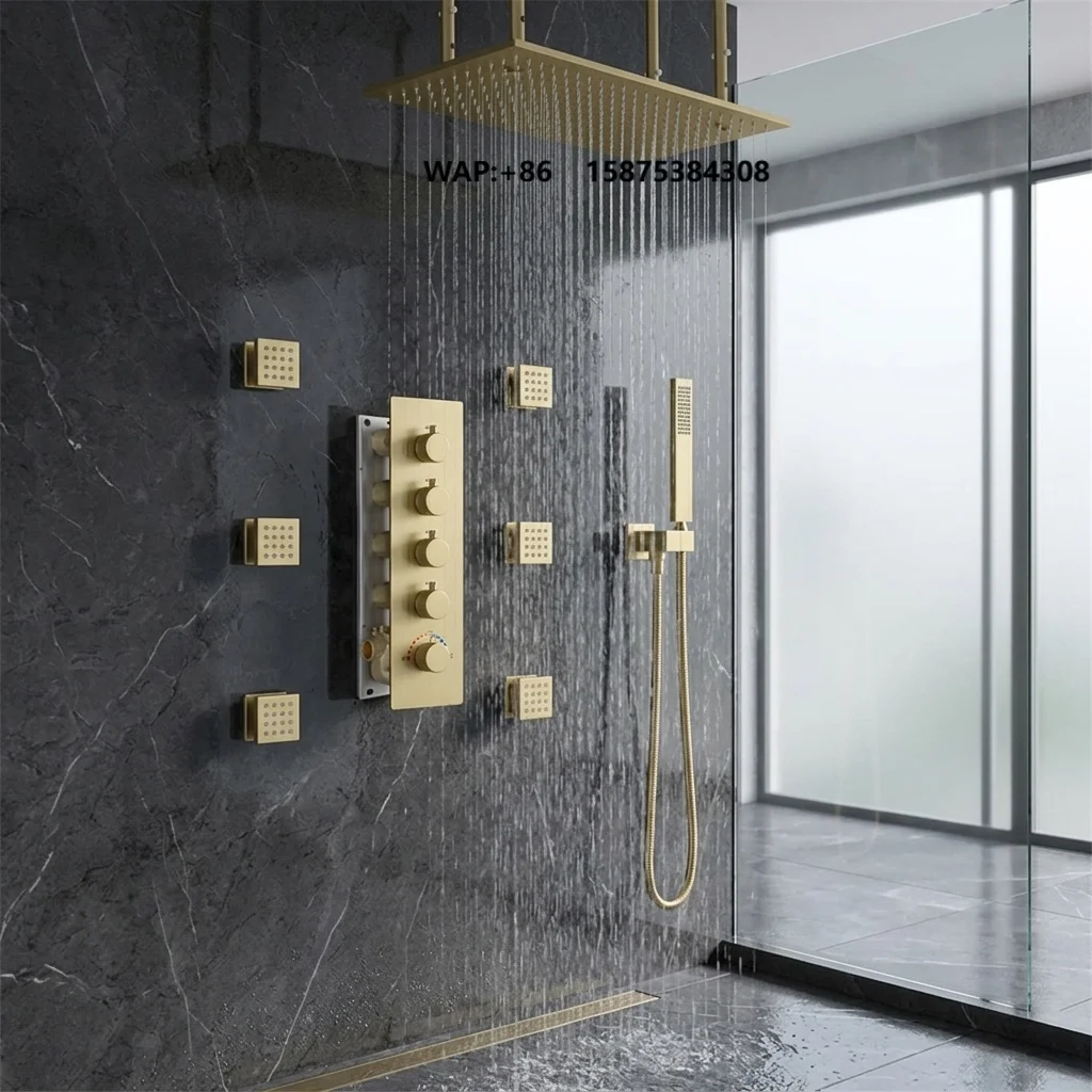 

16'' Rainfall Shower System Thermostatic Valve Wall Mount Set Brushed Brass Finish Massage Rain Spray Patterns for Hotel