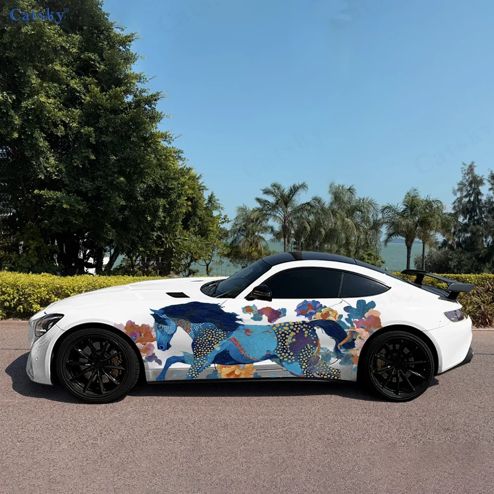 Steed Galloping Flowers Car Vinyl Wraps Decal Self-adhesive PVC Sticker Suitable for Trucks SUV Decoration Auto Accessories Gift