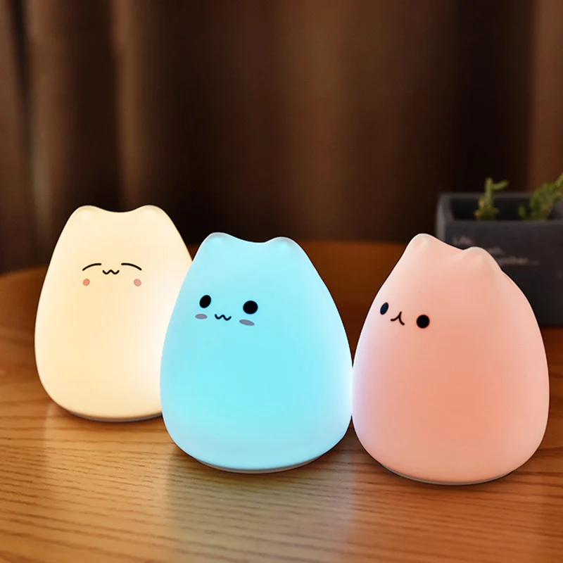 Cute Cat Night Light Touch Sensor Colorful Battery Powered Bedroom Cartoon Silicone LED Night Lamp for Children Kids Baby Gift