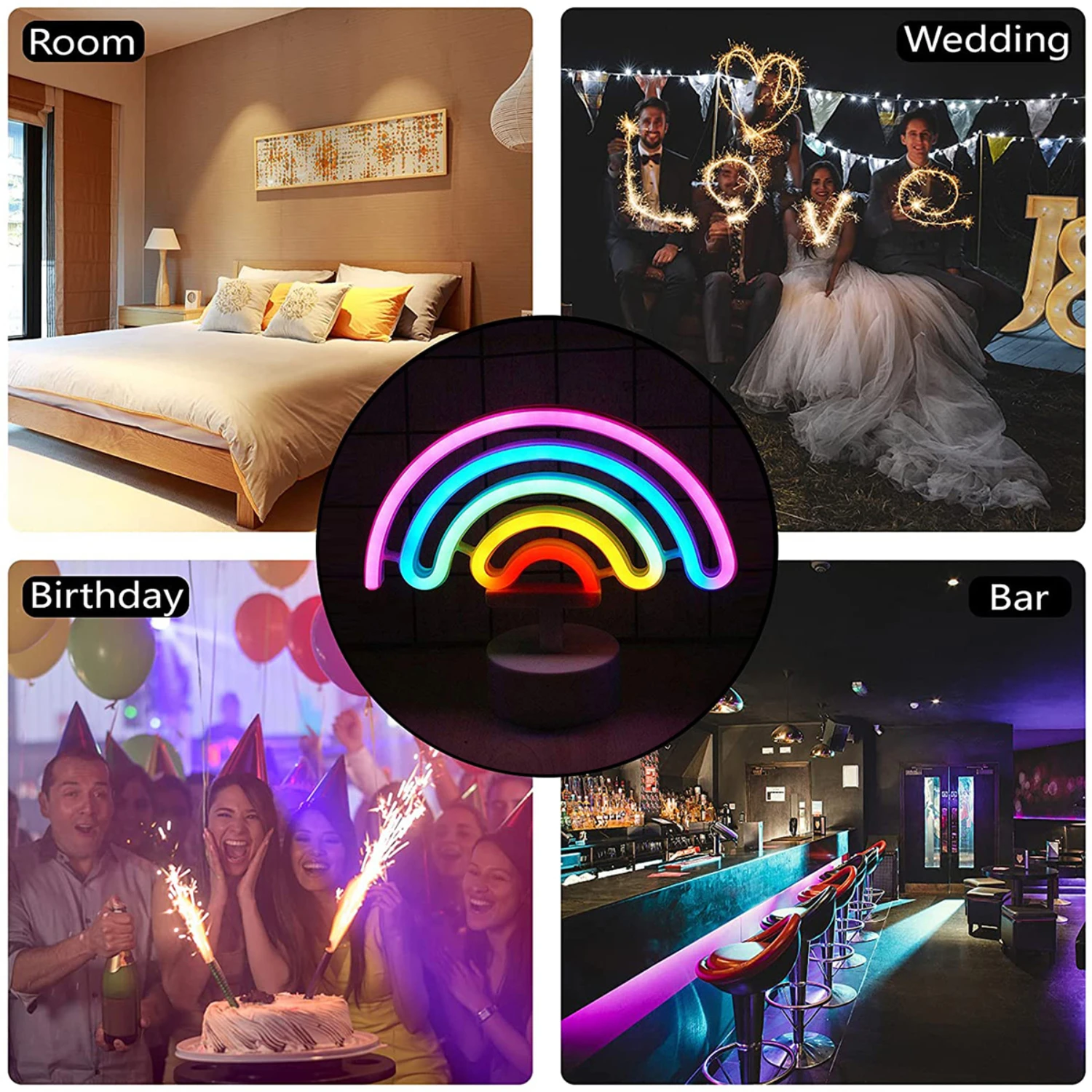 Rainbow LED Neon Sign Light - Battery/USB Powered Nightlight for Room Decor