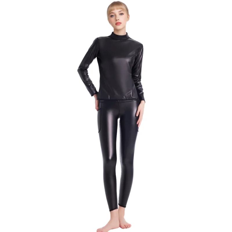 Cool femme corps Shaper cuir col montant manches longues chemise moto Biker hauts taille formateur t-shirt mode Shapewear hauts
