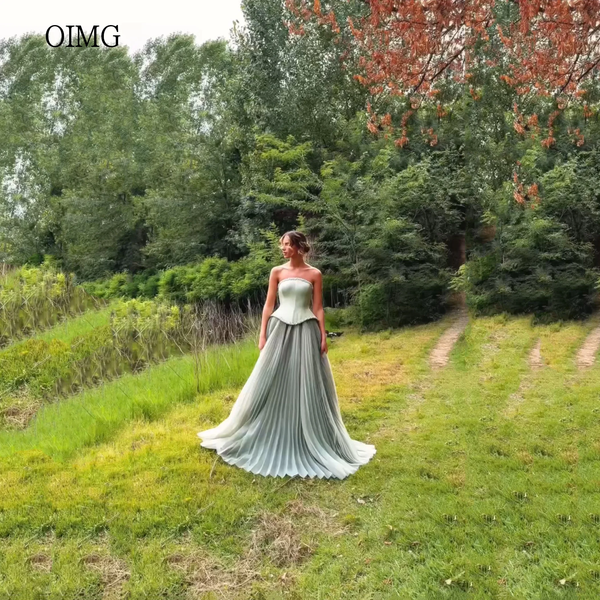 

OIMG Elegant Strapless A Line Prom Gowns Backless Pleated Formal Party Gown Floor Length Evening Dress 2025 Customized