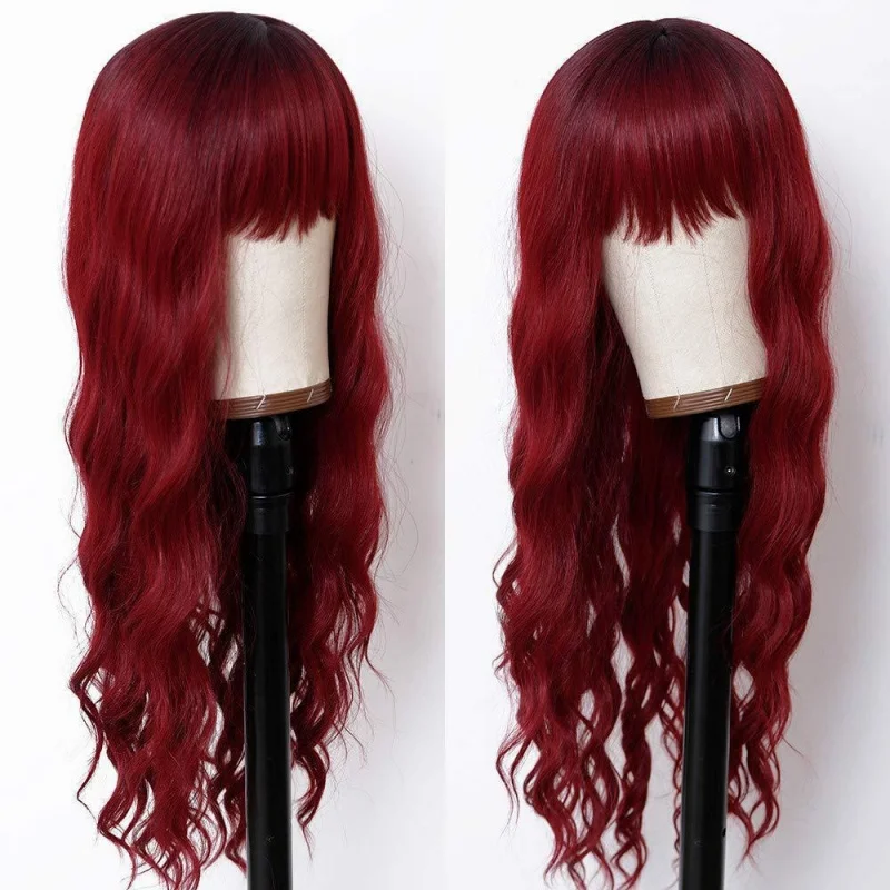 Women's pink long curly hair with big waves and air bangs, full head wig - view 3