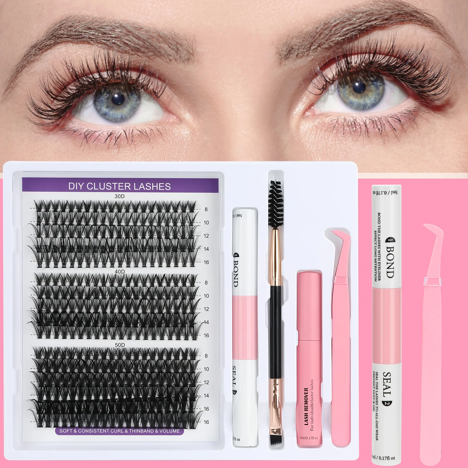 30D-50D Individual cluster Lashes set Bond and seal lash kit Soft Natural eyelashes 8-16MM Thick curled up Lash supplies make up